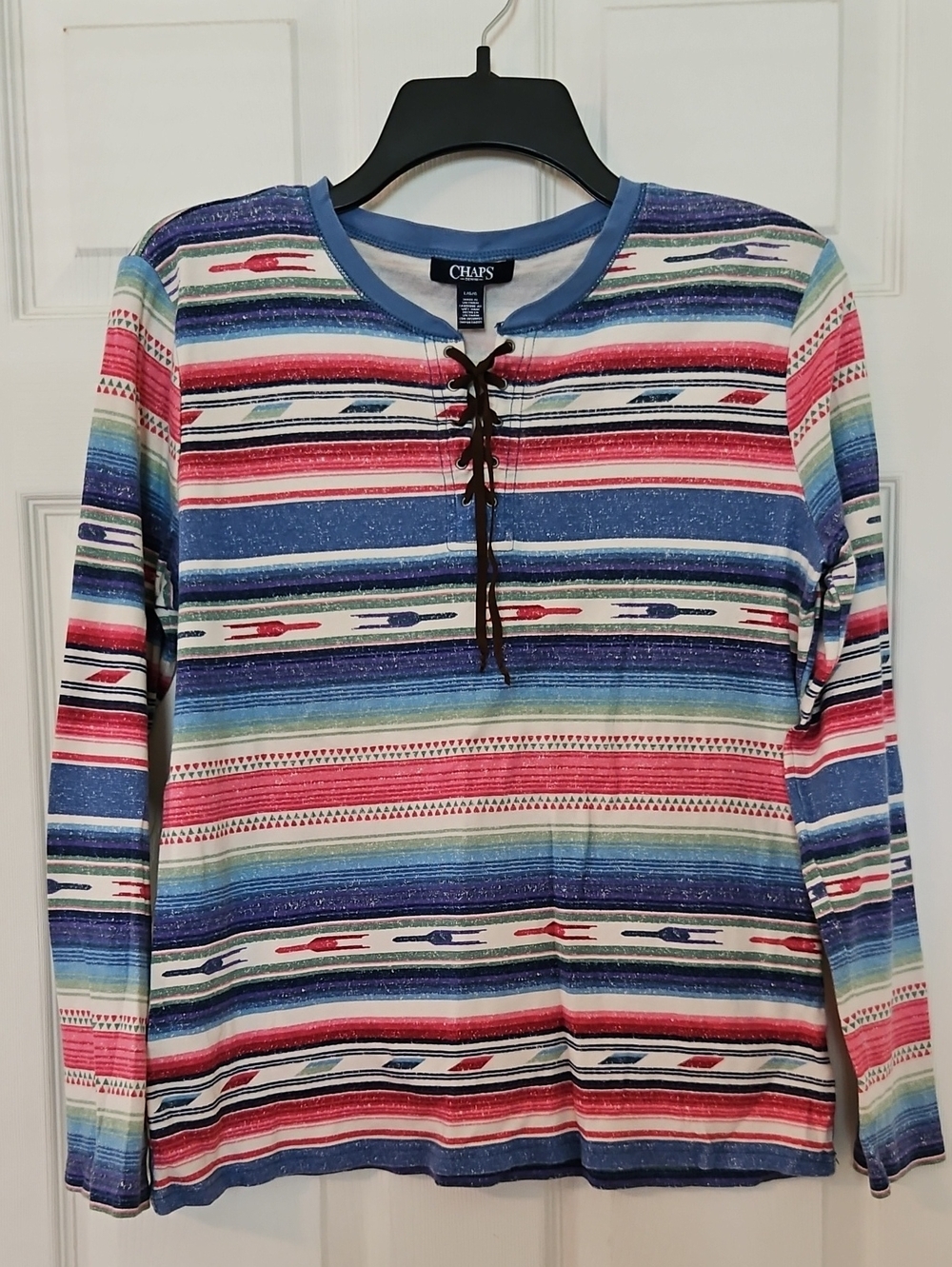 Chaps Multicolor Striped Lace-Up Knit Top - Blue, Red, Green
